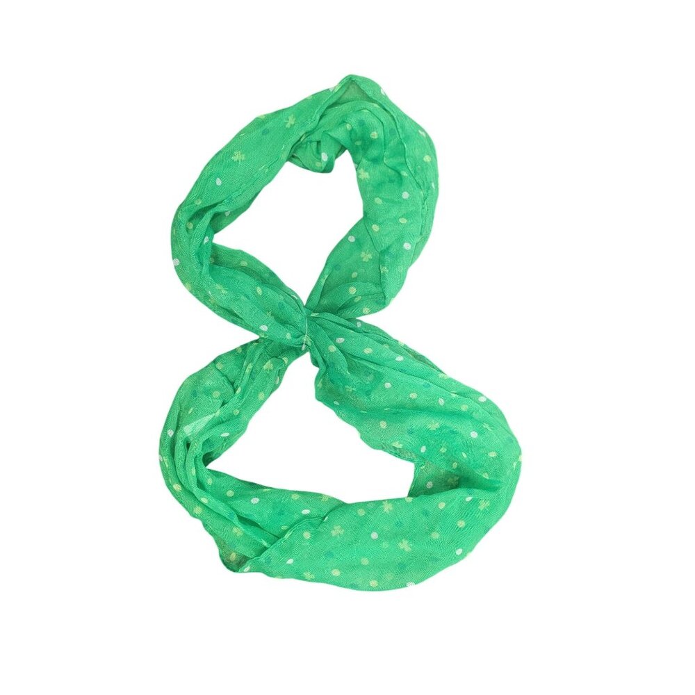 Green Infinity Scarf With White Polka Dots & Floral Pattern Lightweight Polyeste